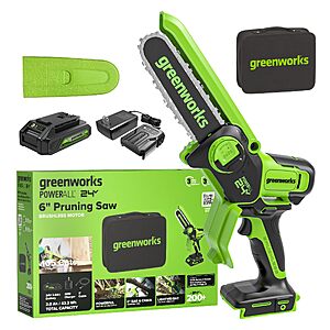 Greenworks 24V 6in Mini Chainsaw, 2.0 Ah Battery and Charger $94.99