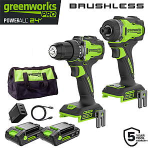 Greenworks PRO PowerAll 24V 530 in-lb Drill Driver and 2,200 in-lb Impact Driver Combo Kit, with (2) 2.0 Ah Batteries, 65W Charger, 3' Cable, Belt Clips, and Carrying Bag, $149