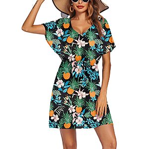[Prime] Ekouaer Women's Short Sleeve  V Neck Beach Swimsuit Coverup (Various) from $6.39 + Free Shipping