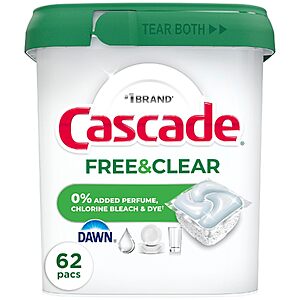 [Prime] 62-Count Cascade Free & Clear Unscented Dishwasher Pods $14.20 w/ S&S + Free Shipping