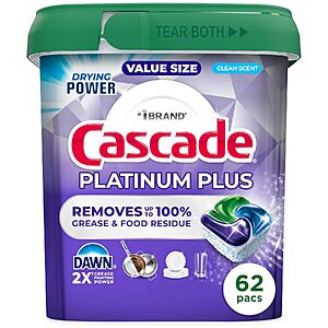 [Prime] 62-Count Cascade Platinum Plus Dishwasher Pods (Clean Scent) $13.97 w/ S&S + Free Shipping