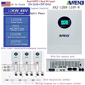 ANENJI Split Phase 12KW 48V Hybrid Solar Inverter 24KW 36KW Parallel Inverter Pure Sine AC 120VAC/220VAC Off Grid Tie MPPT 200A Solar Charger PV 500VDC $799 + Free S/H
