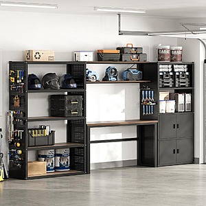 Prime Members: 129" FLEXIMOUNTS 3-in-1 Modular Garage Storage Cabinet System w/ Workbench, Shelves & 2 Cabinets (Black) $508.24 + Free Shipping