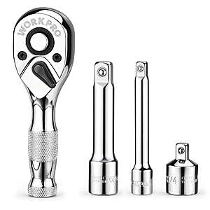 WORKPRO 4-Piece Stubby Ratchet and Extension Bar Set, 72-Tooth 3/8" Drive $11.19