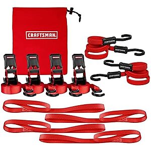 [Prime, AC] $23.92 | CRAFTSMAN 10-PC Ratchet Strap Kit with Soft Loops, Bungees and Storage Bag at Amazon