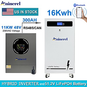 Aninerel 11KW 48V 220V Hybrid Solar Inverter and 51.2V 314Ah 16Kwh LiFePO4 Battery Pack $480 + Free Shipping