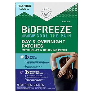 Biofreeze Day & Overnight Pain Relief Patches, Menthol Pain Patches for Arthritis & Muscle Pain Relief, 9 Patches (6 Day, 3 Night)