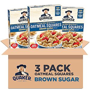[Prime] 3-Pack 14.5-Oz Quaker Oatmeal Squares Breakfast Cereal (Brown Sugar) $8.13 w/ S&S + Free Shipping
