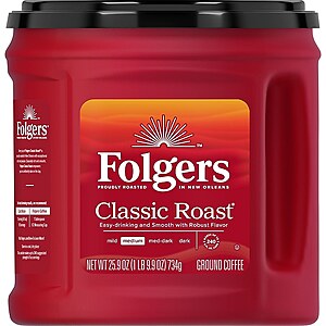 $12 Free Pick Up Staples or buy 3, get Free Ship Folgers Classic Roast Ground Coffee, Medium Roast, 25.9 oz. Canister (can pay w/REWARDS)