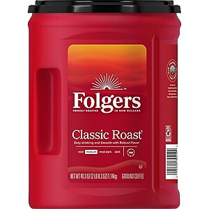 2 for $38 Shipped Auto Restock Staples Folgers Classic Roast Ground Coffee, Medium Roast, 40.3 oz.  (or 1/$19 Store Pick Up)