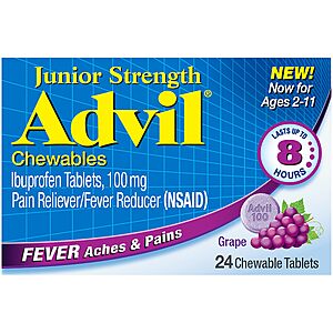$12.77 or less S&S Clip Q PRIME ONLY: Advil Junior Chewable, Ibuprofen, Grape, 3 Pack 72 Tablets ages 2-11