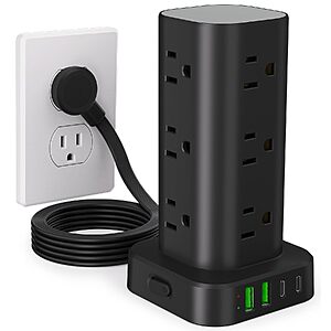 [Prime] 6' Flat Plug Surge Protector Power Strip Tower w/ 12 AC Outlets & 4 USB Ports (1800J) $17.35 + Free Shipping