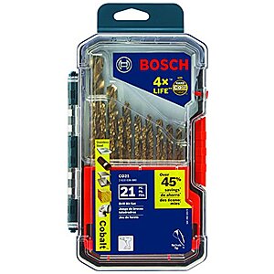 [Prime] $45.39* | BOSCH CO21 21-Piece Assorted Set with Included Case Cobalt Metal Drill Bit with Three-Flat Shank at Amazon