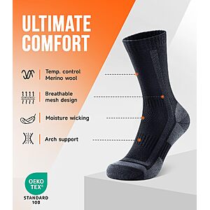 PULIOU Merino Wool Hiking Socks for Men Women, 3 Pairs Lightweight + $13.27 - Amazon