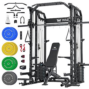 Major Fitness Drone2 Premium Smith△ Machine, All-in-One Home Gym Squat Rack with Aluminum Pulley Set, Weight Bar (BK D2AW Package(with Black Bench+230lb)) $1776.47