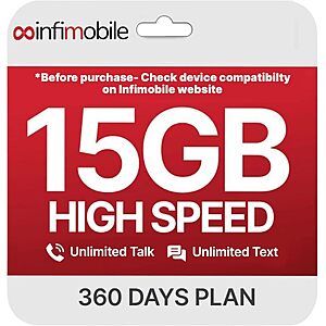 12-Month Infimobile Unlimited Talk & Text + 15GB Data / Mo. Plan $108 + Free S&H