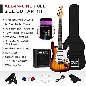 Prime Deal | Best Choice Products 39in Full Size Beginner Electric Guitar Starter Kit w/Case, Strap, 10W Amp, Strings, Pick, Tremolo Bar Various Colors $129.99