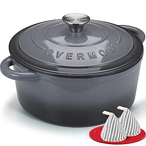 7-Qt Overmont Enameled Cast Iron Dutch Oven w/ Lid + Potholder (Grey) $32
