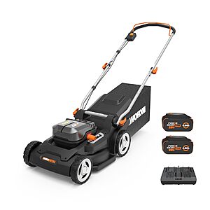 Prime, $220.99, 2 batteries, Worx Cordless Lawn Mower, 40V 17" 2-in-1 Grass Mower for 1/4 Acre, WG745
