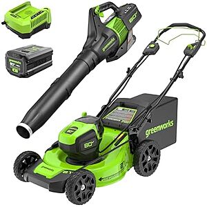 Prime, $424.99, Greenworks 80V 21” Brushless (Self-Propelled) Cordless Electric Lawn Mower + (580 CFM) Axial Leaf Blower