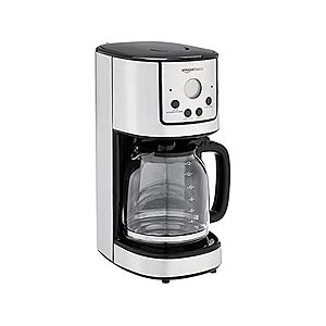 $15.59, Amazon Basics Programmable Coffeemaker with Carafe and Reusable Filter, Stainless Steel, 12 Cups, Black, FS Prime, Woot!