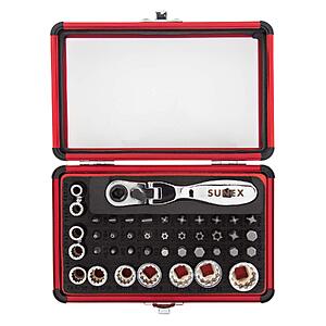 Prime, $37.09, SUNEX TOOLS 9732 44Pc 1/4" Dr Mini Dual Flex Head RATCHET W Socket & Bit Set