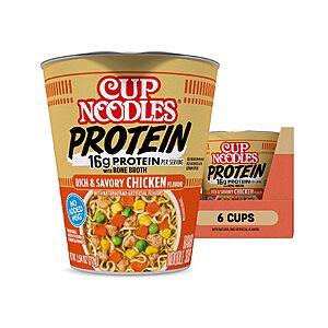 $5.70 S&S PRIME  Nissin Cup Noodles w 16G Protein Ramen, Chicken, Beef or Spicy Chix Flavor with Bone Broth, 16g Protein, 2.54 Ounce Cup (Pack of 6)