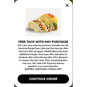Del Taco free Big Fat Taco with purchase