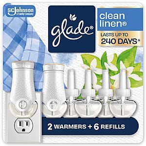 [S&S]Glade PlugIns Air Freshener Starter Kit, Scented and Essential Oils for Home and Bathroom, Clean Linen, 4.02 Fl Oz, 2 Warmers and 6 Refills $17.09