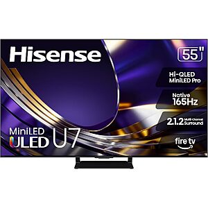 Prime: Hisense 55" U7 Mini-LED ULED 4K UHD 165Hz Best Premium Gaming HDR Smart Fire TV (55U7SF, 2026 New) $599.99