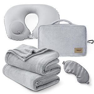 [Prime] 4-Piece Bedsure Travel Set w/ Blanket, Inflatable Neck Pillow, Eye Mask & Storage Bag (Grey) $12.99 + Free Shipping