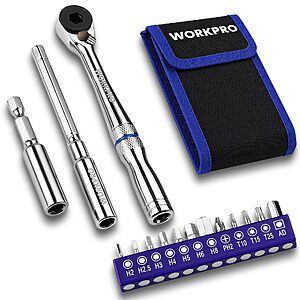 Prime, $11.55, WORKPRO 1/4'' Mini Ratchet Wrench, T-Handle Extension & Magnetic Bit Holder
