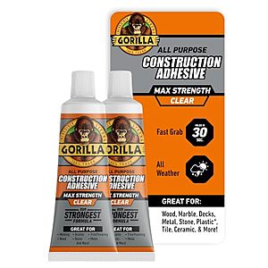 [Prime] $9.99 | 2-Pack 2.5-Oz Gorilla Max Strength Construction Adhesive (Clear) at Amazon