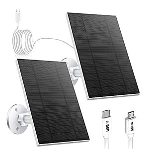 5W Solar Panel, with Micro USB & USB-C Port for DC 5V Outdoor Rechargeable Battery Camera, IP65 Waterproof, 360° Adjustable Security Mount, 9.8ft Cable(White 2PC)