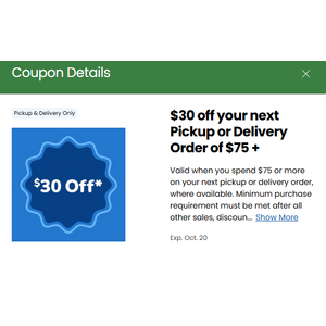 Kroger Digital Coupon: $30 off your next Pickup or Delivery Order of $75 + YMMV