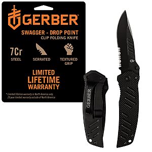 [Prime] $19.54: Gerber Swagger Drop Point EDC Folding Pocket Knife, Serrated Edge, Black at Amazon