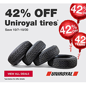 BJs Wholesale Club 42% off all Uniroyal Tires 10/7 to 10/30