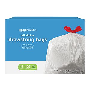$11 120 count Amazon Basics Flextra Strength Tall Kitchen Drawstring Trash Bags, Fresh Scent, Tear Resistant, 13 Gallon with s&s