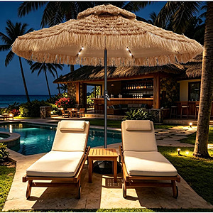 Ainfox 9ft Thatched Tiki Patio Umbrella with Solar Lights Boho Fringe Hawaiian Outdoor Bar Umbrella $70 + Free Shipping