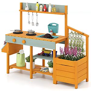 Cedar Wood Pretend Play Kitchen for Toddlers, Plant Growing Box & Trellis, Real Faucet w/Running Water, Sink, Accessories - $67.99