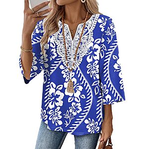 [Prime] WIHOLL Women's 3/4 Sleeve V-Neck Lace Tunic Top $6.99 + Free Shipping