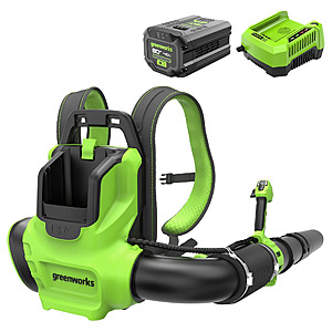 Greenworks 80V 750CFM Cordless Battery Single Port Backpack Blower, 4Ah Battery and Charger $285.6