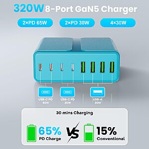 320W USB C GaN Charger Block, 8-Port USB C Charging Station $12.72 @ Amazon