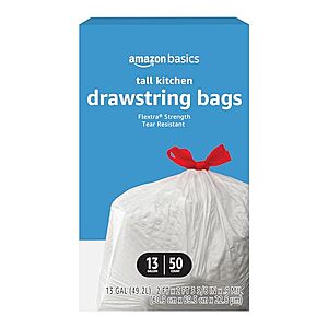 [SnS] $5.69 | 50-Count Amazon Basics 13 Gallon Flextra Tall Kitchen Drawstring Trash Bags at Amazon