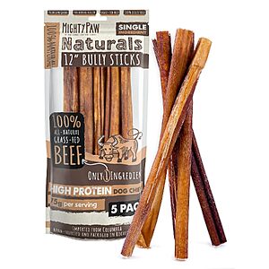 [Prime] 5-Pack 12" Mighty Paw Bully Sticks for Dogs $13.49 ($2.69 each) w/ S&S + Free Shipping
