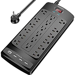 $17.93* | Powsav 18-Outlet 6' Flat Plug Surge Protector w/ 4 USB Ports (Black) at Amazon