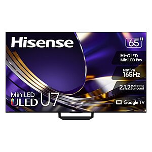 Hisense 65" U7 Mini-LED ULED 4K 165Hz UHD Best Premium Gaming HDR Smart Google TV (65U7SG, 2026) $829.99