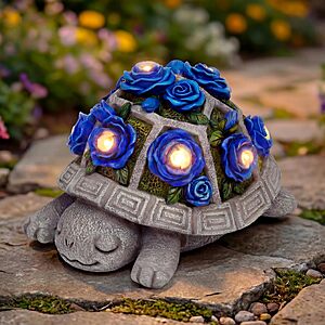 Solar Garden Outdoor Decor Turtle Statue, Dark Blue Roses & 7 LED Lights $10.99