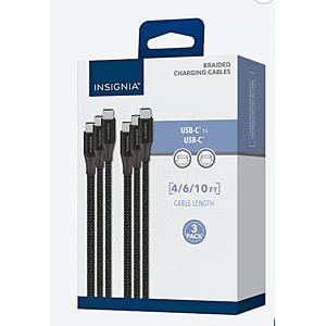 $10 Insignia™ - 4' / 6' / 10' USB-C to USB-C Braided Charge-and-Sync Cables (3-Pack) at Best Buy