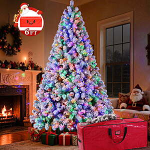 Yexmas 6FT Pre-Lit Snow Flocked Christmas Tree w/ Large Christmas Tree Storage Bag, 11 Modes Warm White & Multicolor LED Lights $69.99